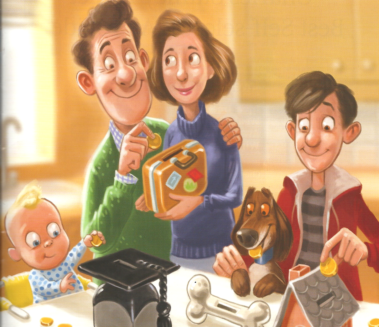 Cartoon of a family putting money into money boxes, AI generated