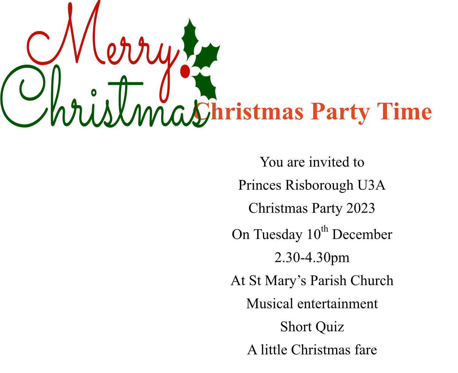 U3A Princes Risborough Christmas Party invitation for 10th December 2024